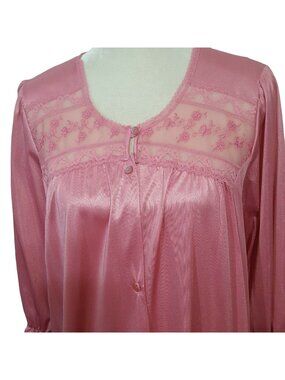 Vintage Texsheen Robe L Mauve Lace Trim Nylon Satin Lightweight Button Up NEW US